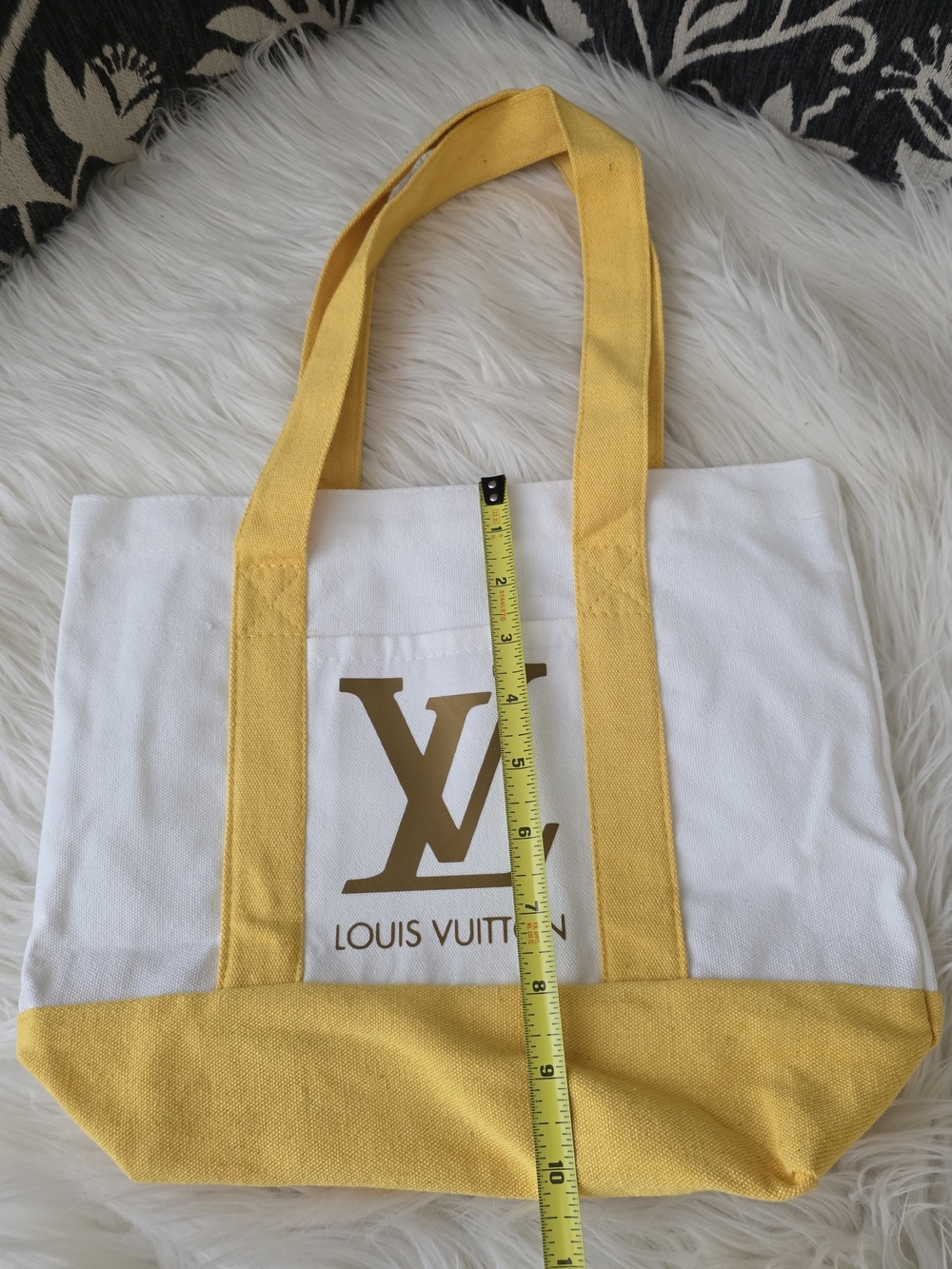 White and Yellow Canvas Tote with Pouch - Picture 3 of 8